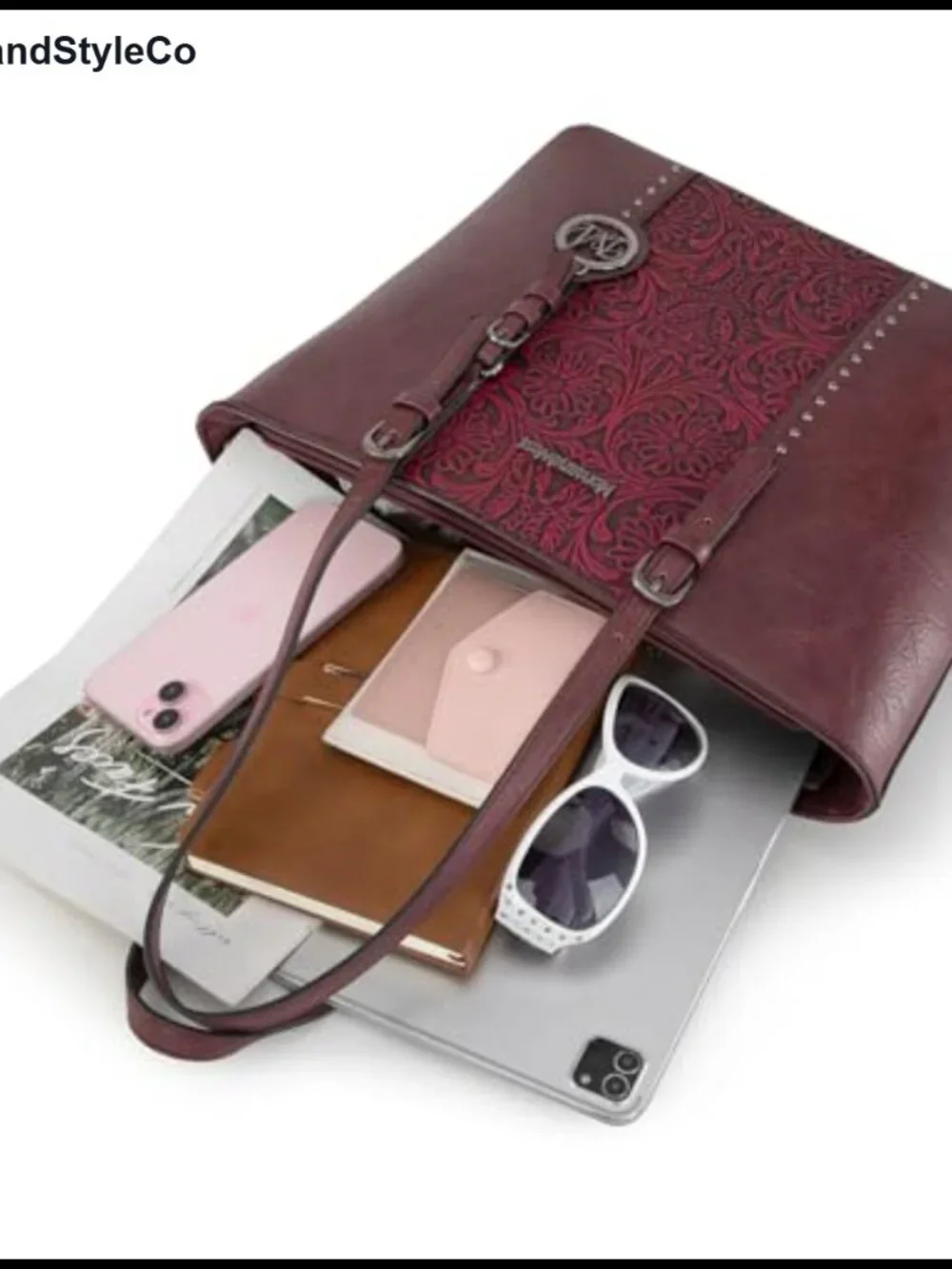 Vegan Leather Tote Bag and Handbag Set with Silver Hardware, Embossed Pattern,